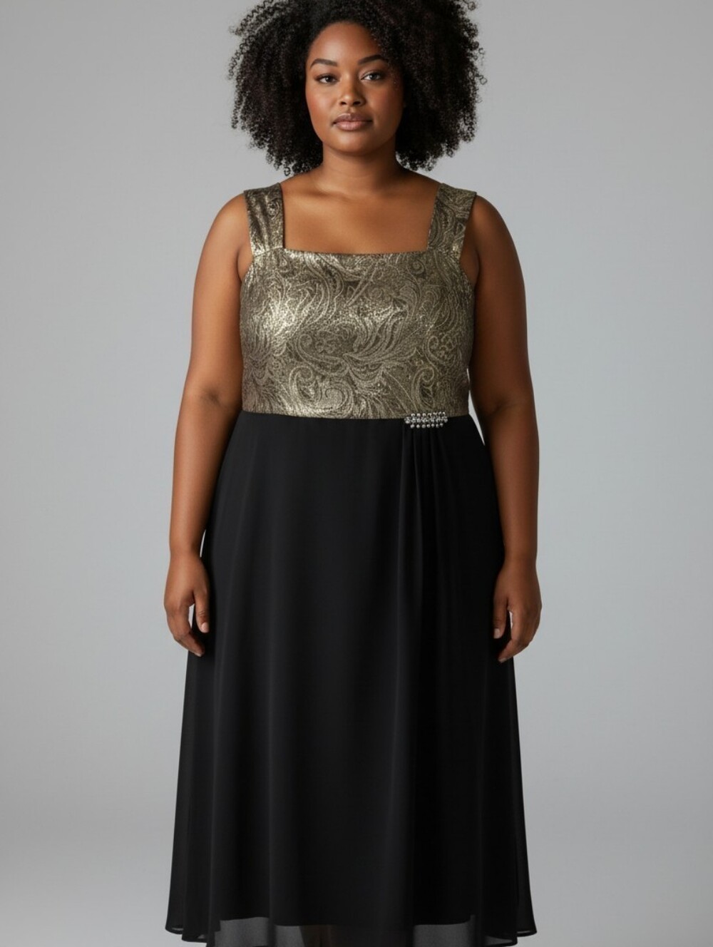 Le Bos Women's Cocktail Party Dress Gold Paisley/Black Brooch Accent ALTERED 20W